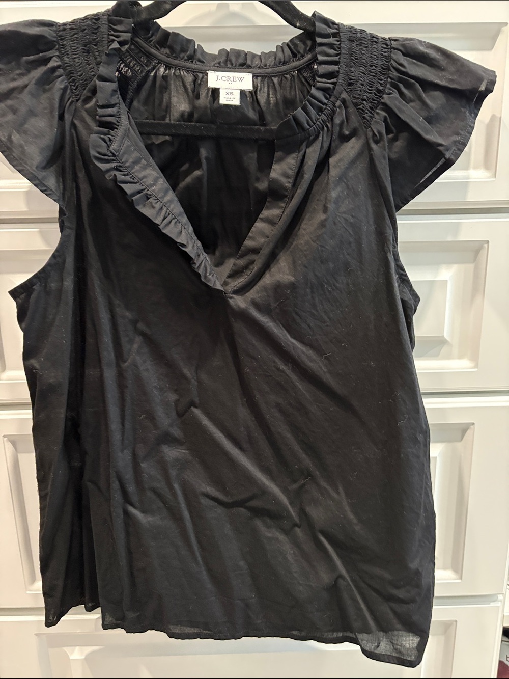 J. Crew Black Ruffle V-Neck Blouse with Smocked Shoulders